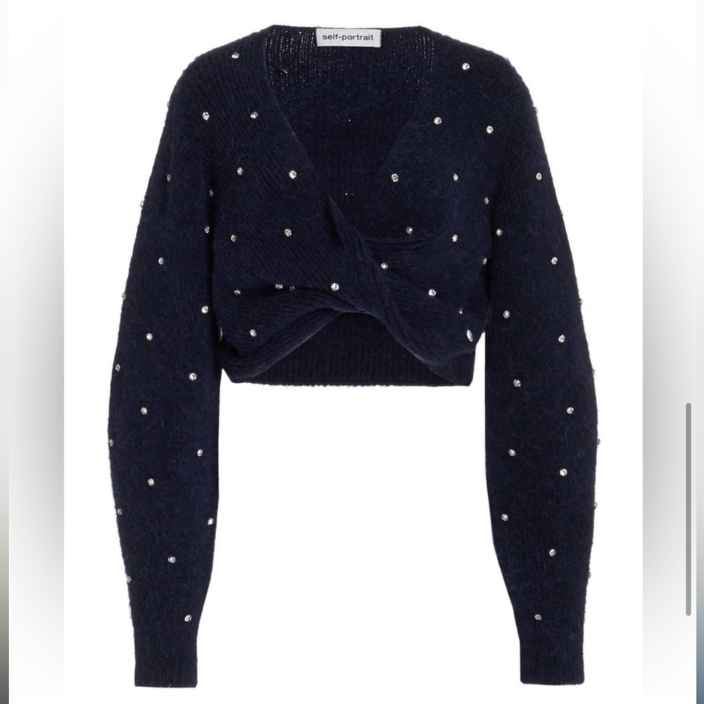 Self-Portrait Dark Blue V-Neck Sweater with Pearl Details